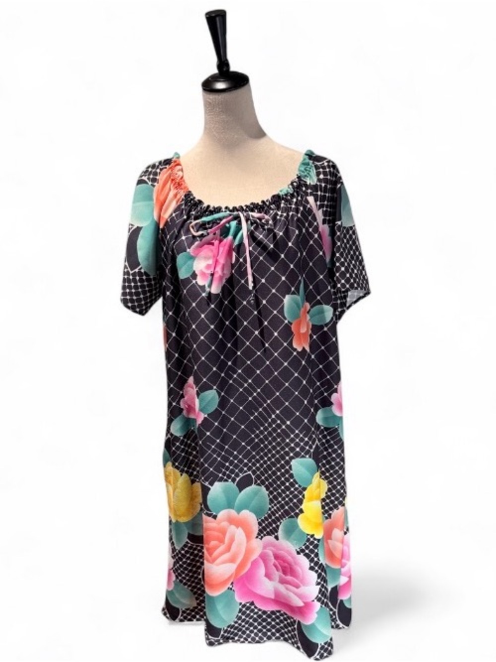 Vintage 80s Granada Black Floral Rose Geometric Midi Muumuu Dress Medium M